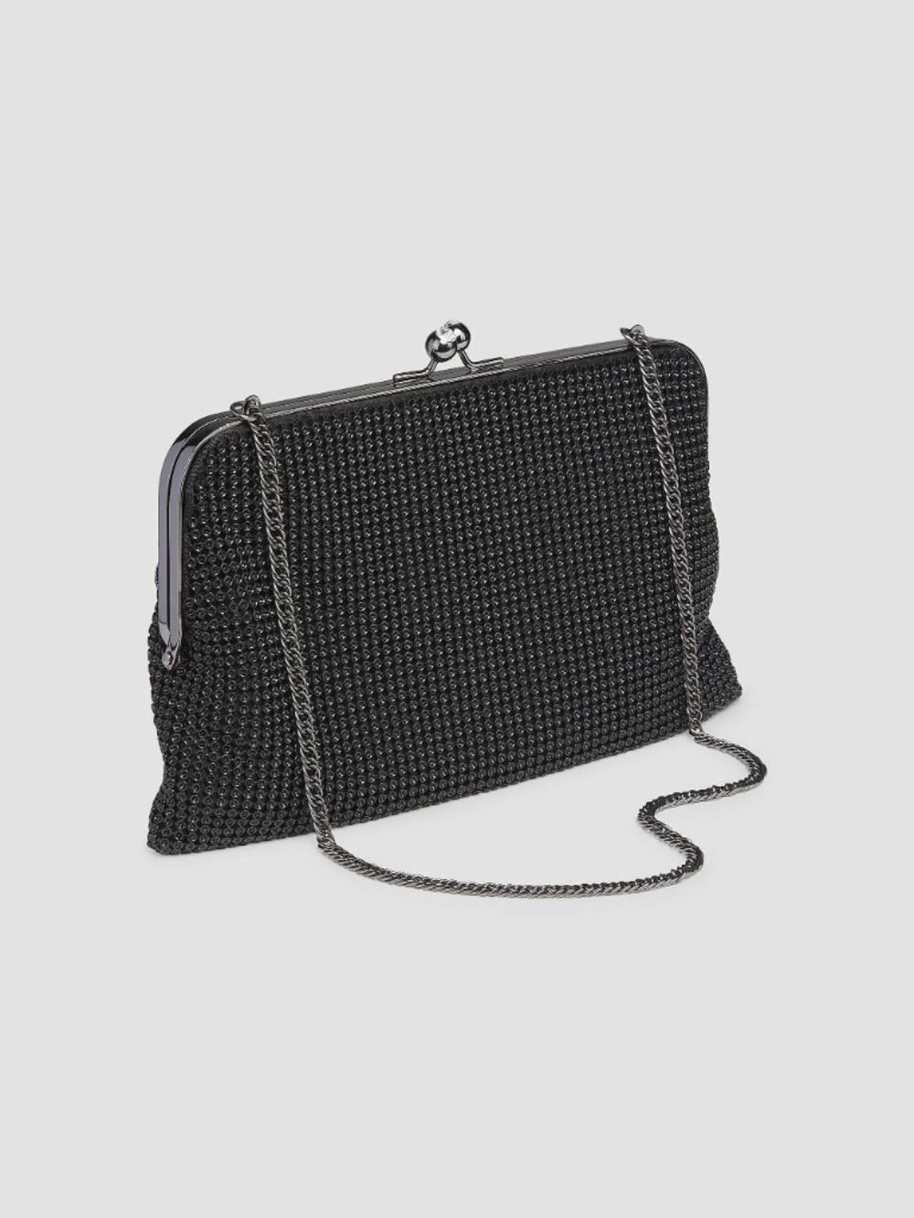 NEW WHITING & DAVIS BLACK Dimple Mesh Metal Crystal Clutch Evening Bag w/ Chain